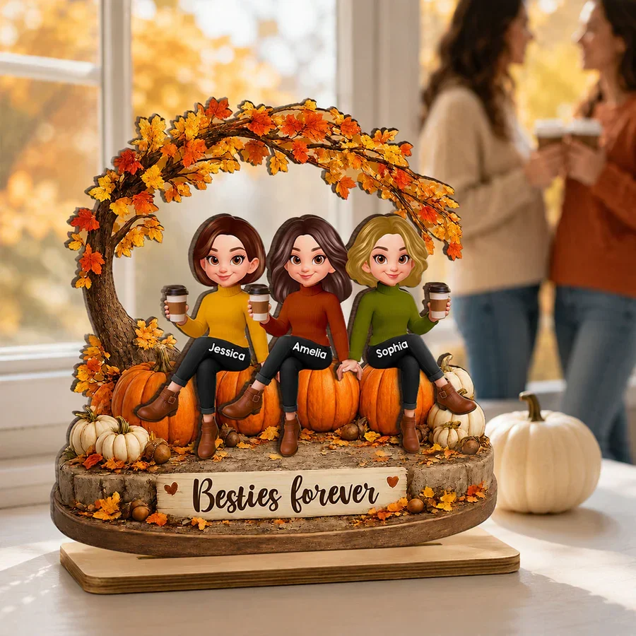 Personalized 2-Layer Wooden Plaque, Sitting Friends With Coffee, Autumn Pumpkin Scene, Unique Gift For Close Friends - Image 8