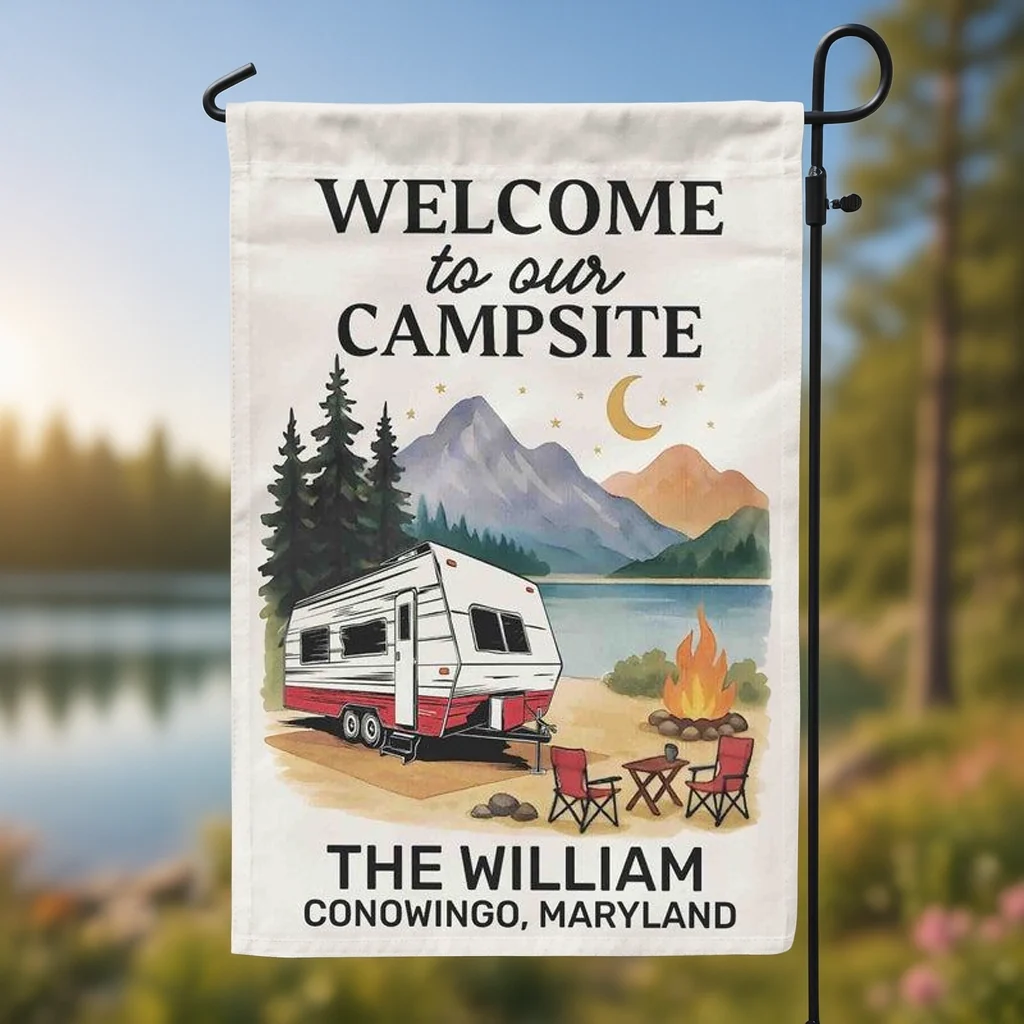 Garden Flag, Welcome to Our Campsite RV Lake Scene for Campsite Decor, Unique Gift for Camping Family