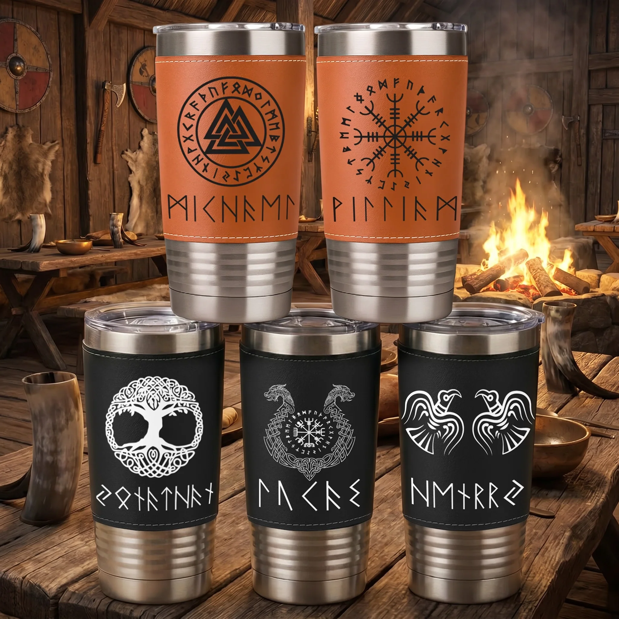 Personalized Leather Wrapped Tumbler, Viking Runes Design, Unique Creative Gift for Norse Mythology Fans