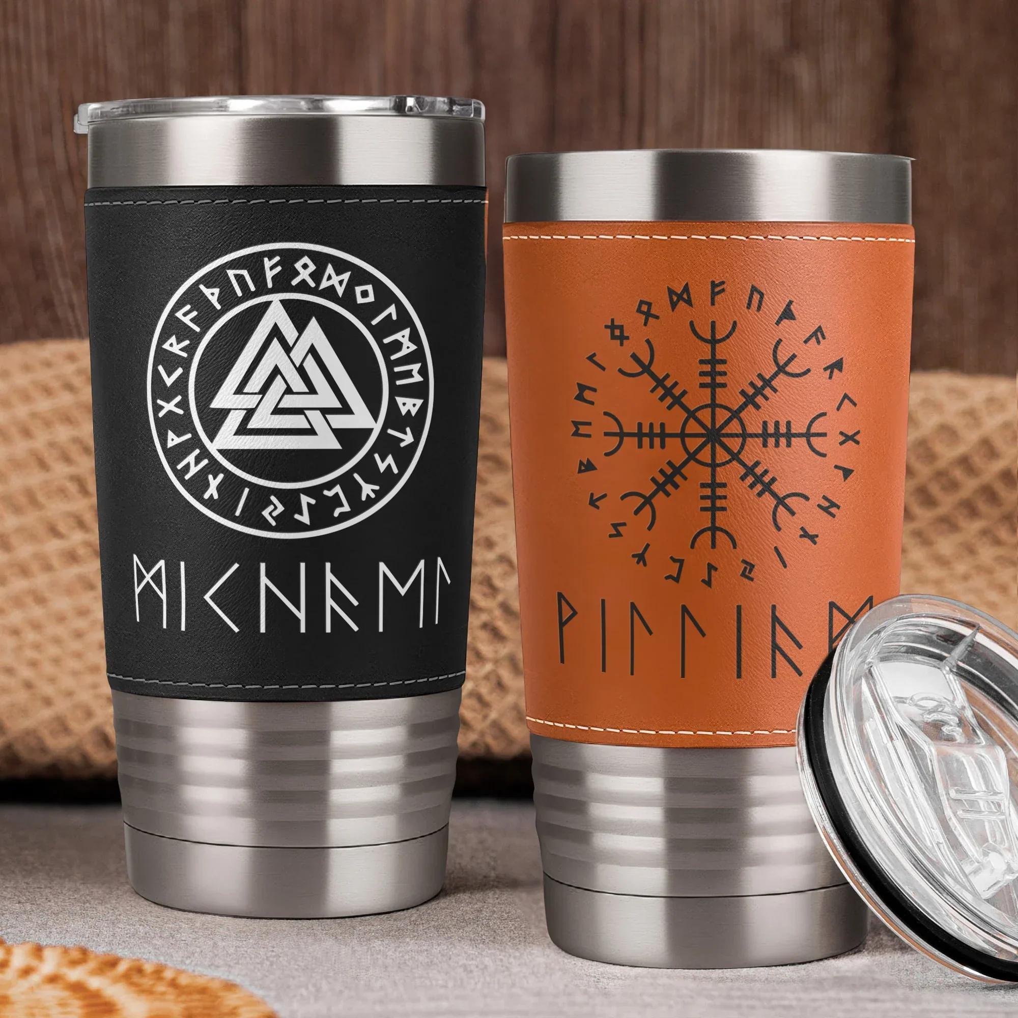 Personalized Leather Wrapped Tumbler, Viking Runes Design, Unique Creative Gift for Norse Mythology Fans - Image 2