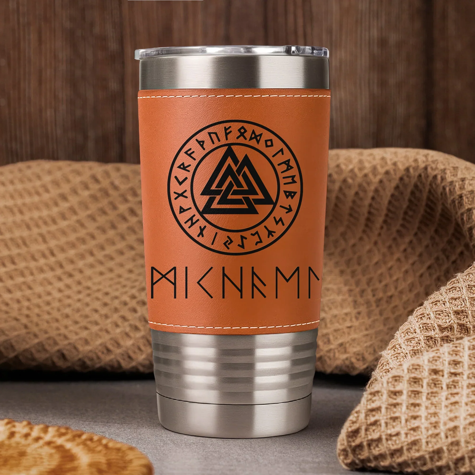 Personalized Leather Wrapped Tumbler, Viking Runes Design, Unique Creative Gift for Norse Mythology Fans - Image 3