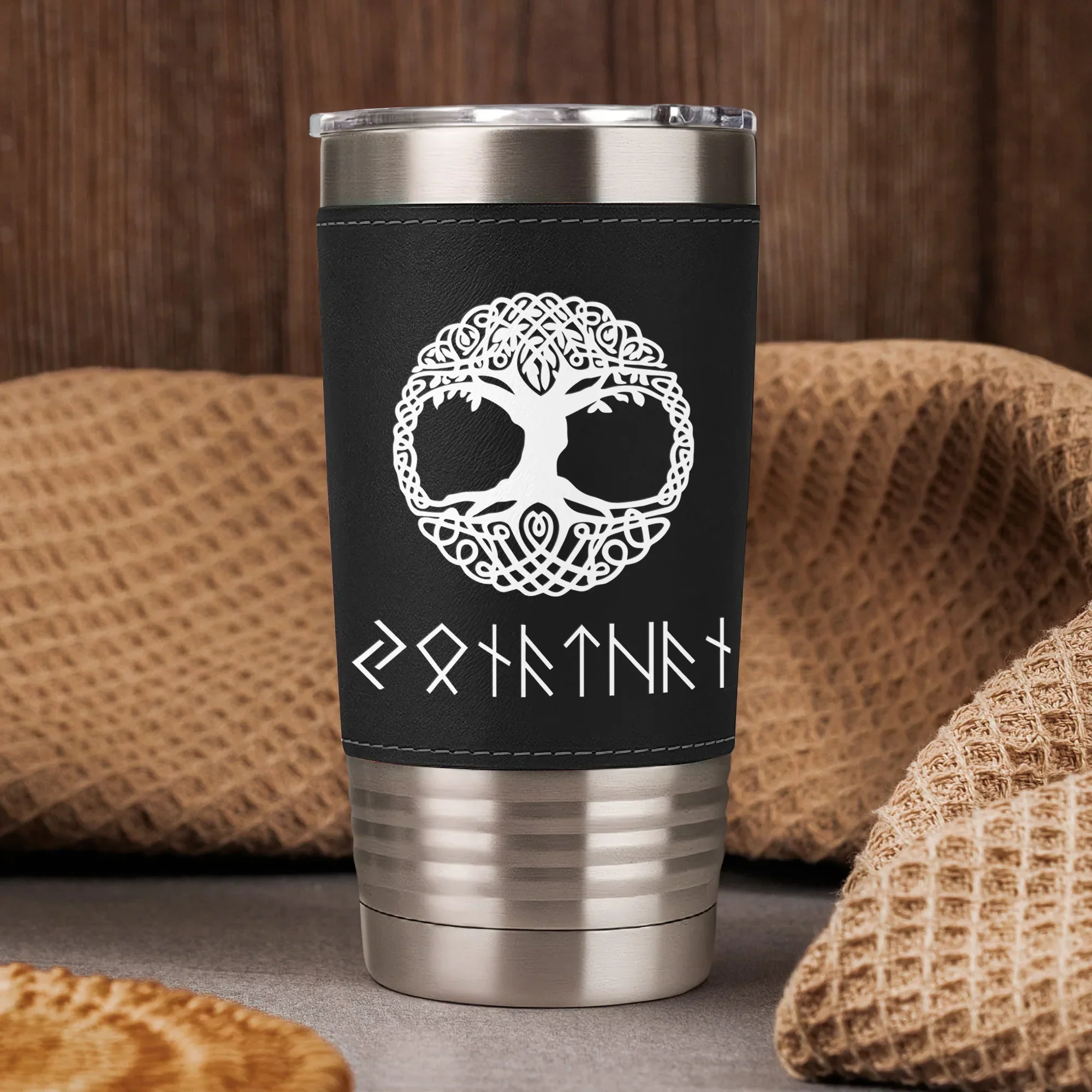 Personalized Leather Wrapped Tumbler, Viking Runes Design, Unique Creative Gift for Norse Mythology Fans - Image 5
