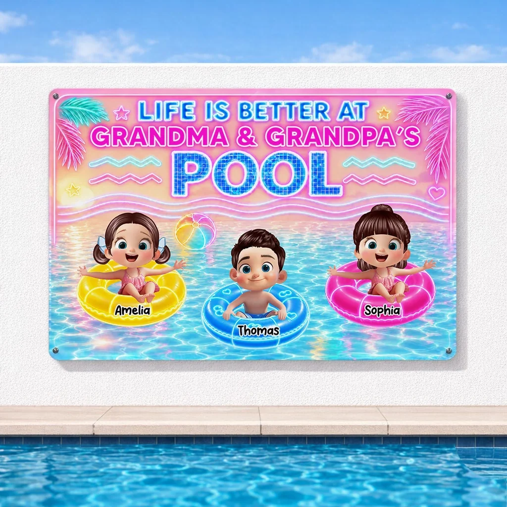 Custom Rectangular Iron Sign with Cartoon Kids in Pool, Creative Backyard Gift for Grandparents