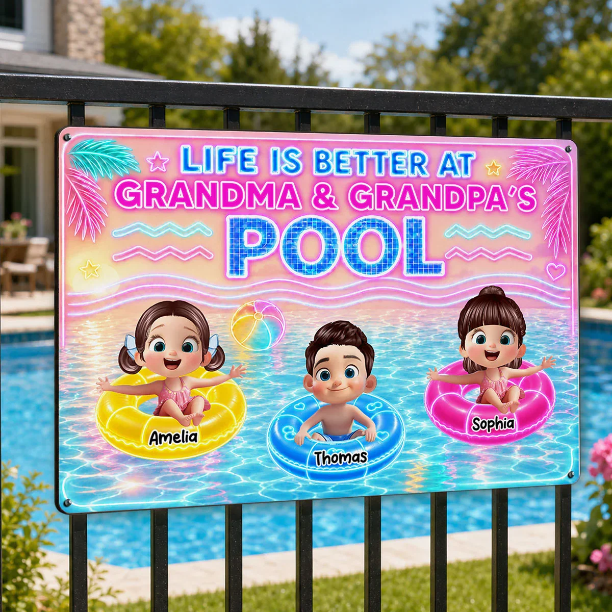 Custom Rectangular Iron Sign with Cartoon Kids in Pool, Creative Backyard Gift for Grandparents - Image 2