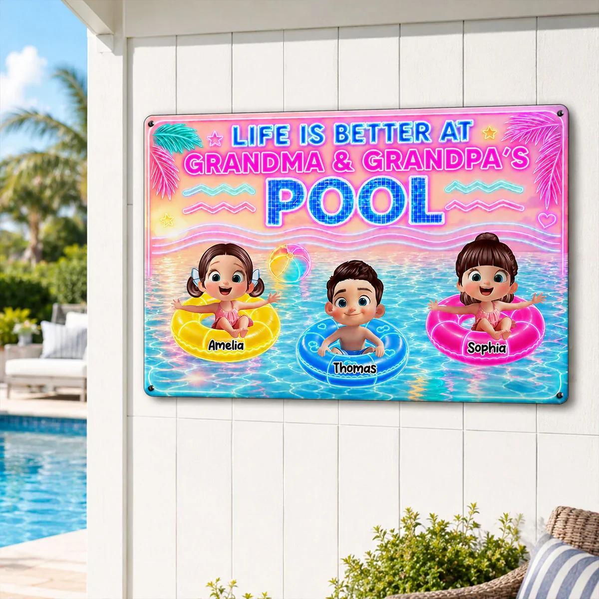 Custom Rectangular Iron Sign with Cartoon Kids in Pool, Creative Backyard Gift for Grandparents - Image 3