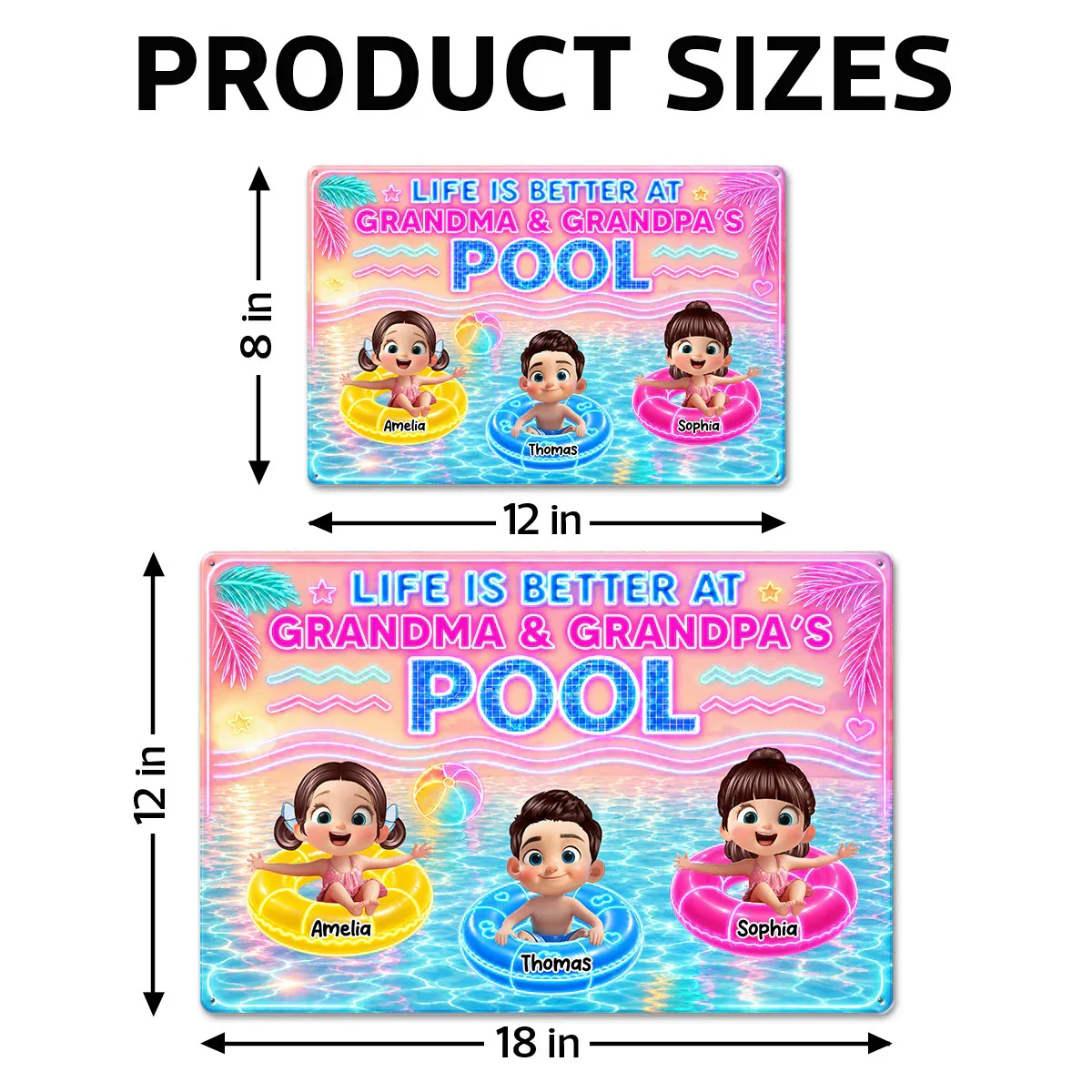 Custom Rectangular Iron Sign with Cartoon Kids in Pool, Creative Backyard Gift for Grandparents - Image 4