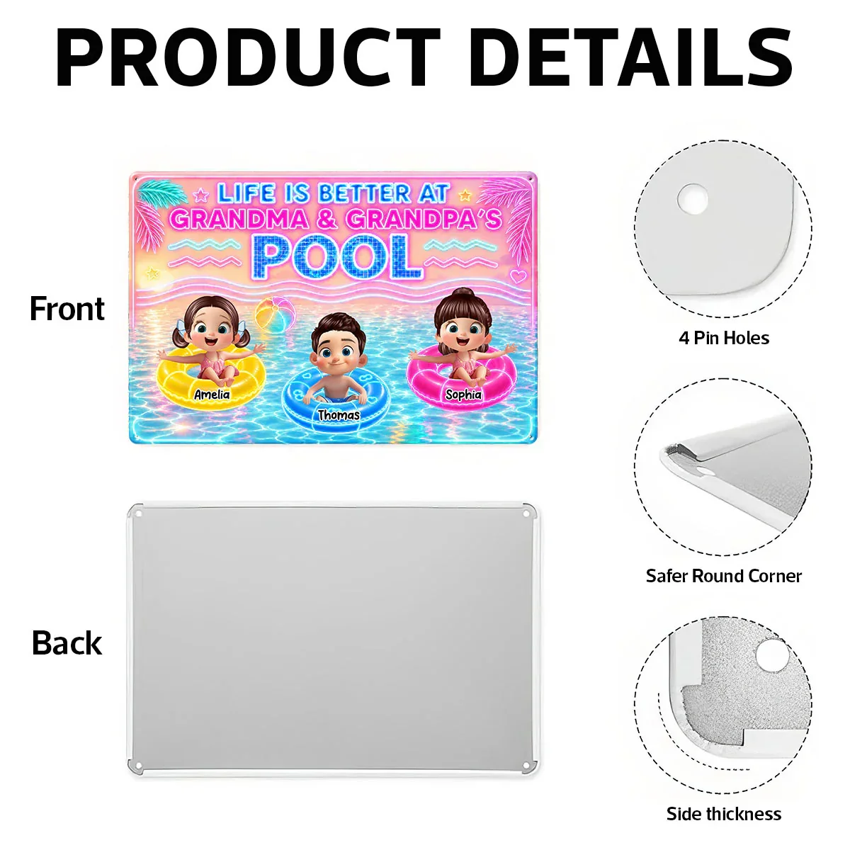 Custom Rectangular Iron Sign with Cartoon Kids in Pool, Creative Backyard Gift for Grandparents - Image 5