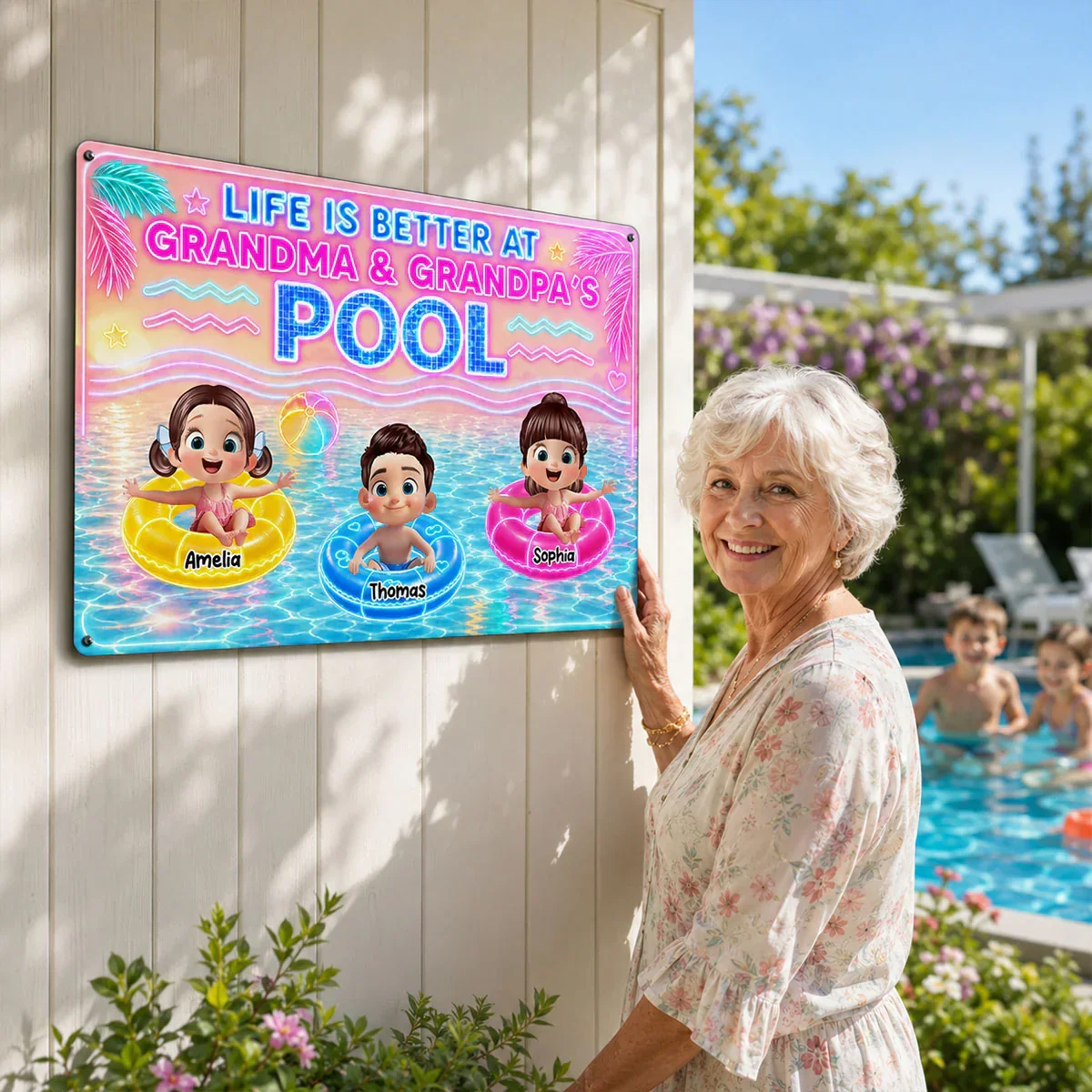 Custom Rectangular Iron Sign with Cartoon Kids in Pool, Creative Backyard Gift for Grandparents - Image 7