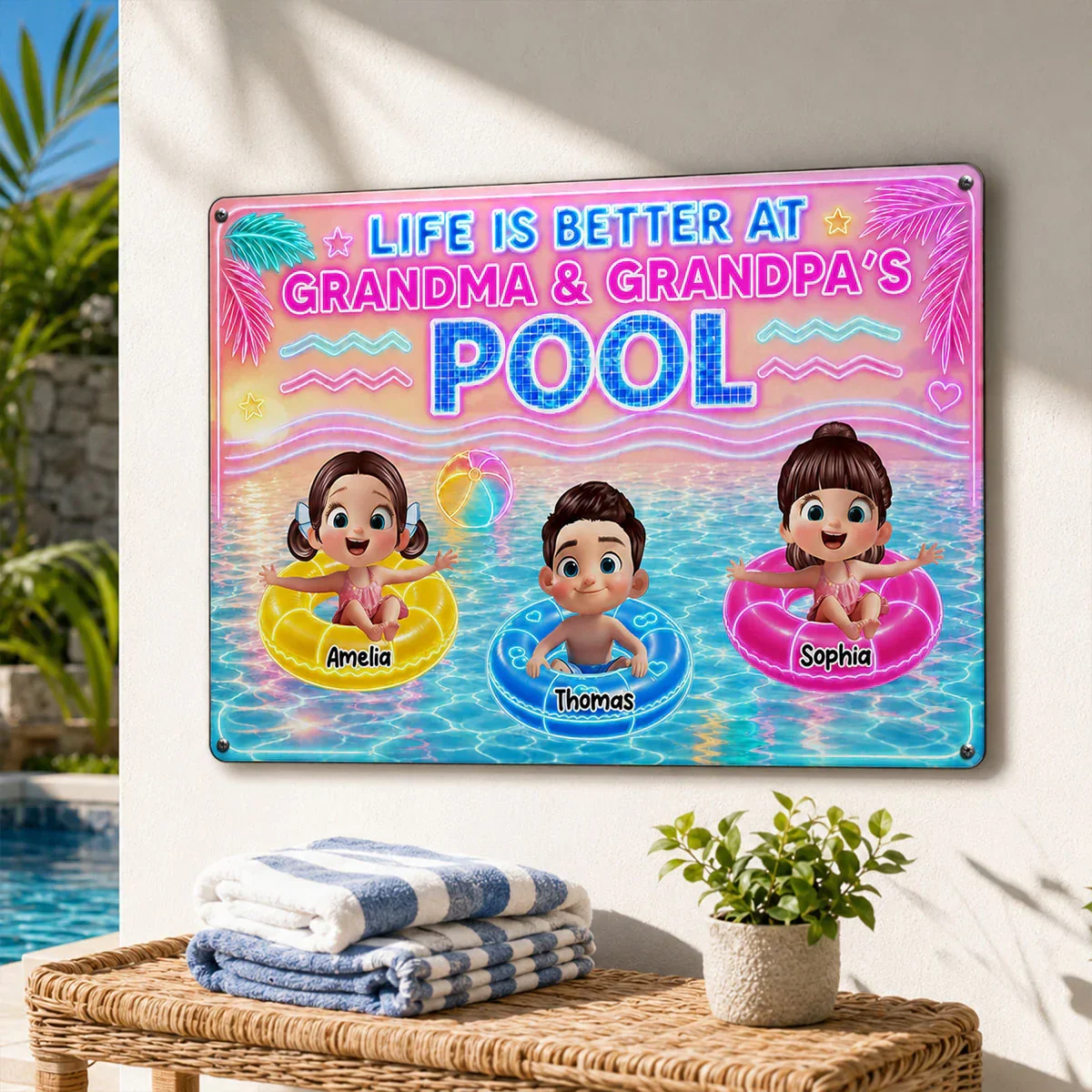 Custom Rectangular Iron Sign with Cartoon Kids in Pool, Creative Backyard Gift for Grandparents - Image 8