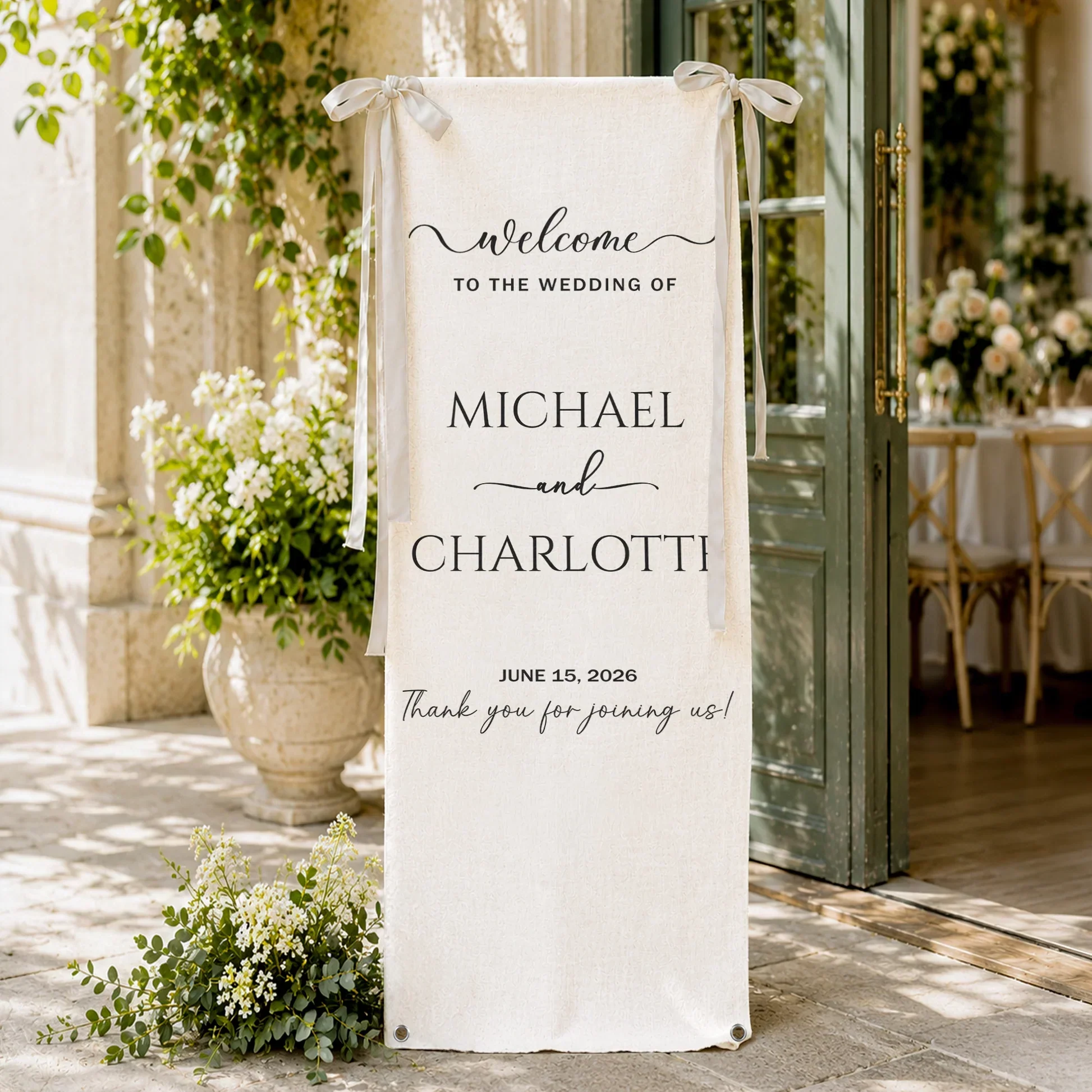 Welcome Banner For Wedding, Custom Script Sign With Soft Floral Decor, Creative Gift For Couple - Image 5