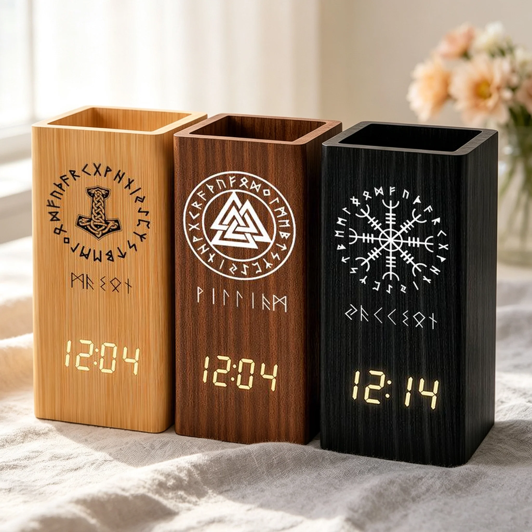 Norse Symbol Wooden Pen Holder Clock, Personalized Desk Organizer, Unique Creative Gift For Dad Or Friend