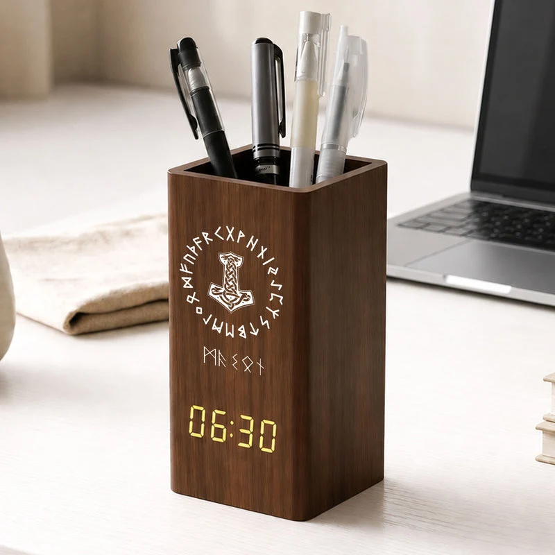 Norse Symbol Wooden Pen Holder Clock, Personalized Desk Organizer, Unique Creative Gift For Dad Or Friend - Image 2