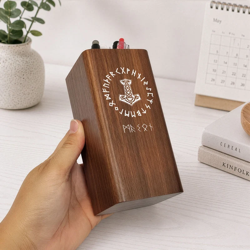 Norse Symbol Wooden Pen Holder Clock, Personalized Desk Organizer, Unique Creative Gift For Dad Or Friend - Image 3