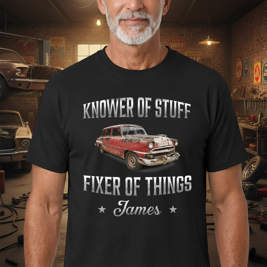 Classic Tee, Fixer of Things Vintage Red Car Custom Design, Creative Gift for Dad or Handyman
