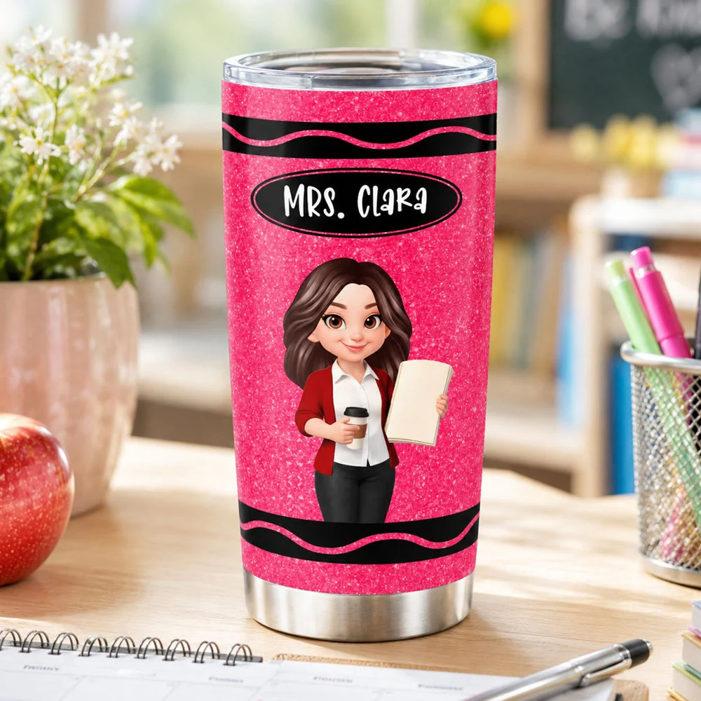 Personalized Insulated Travel Tumbler, Pink Crayon Cartoon Teacher Design, Unique Back To School Gift