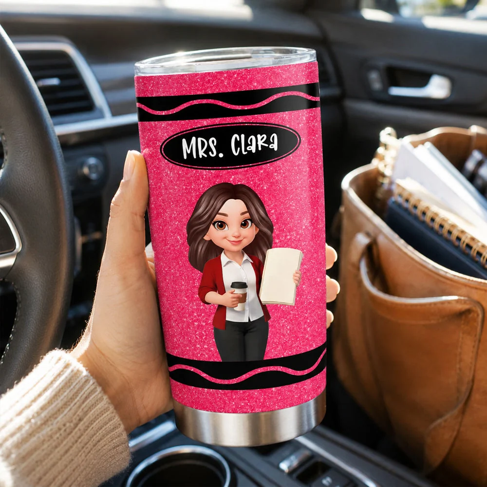 Personalized Insulated Travel Tumbler, Pink Crayon Cartoon Teacher Design, Unique Back To School Gift - Image 2