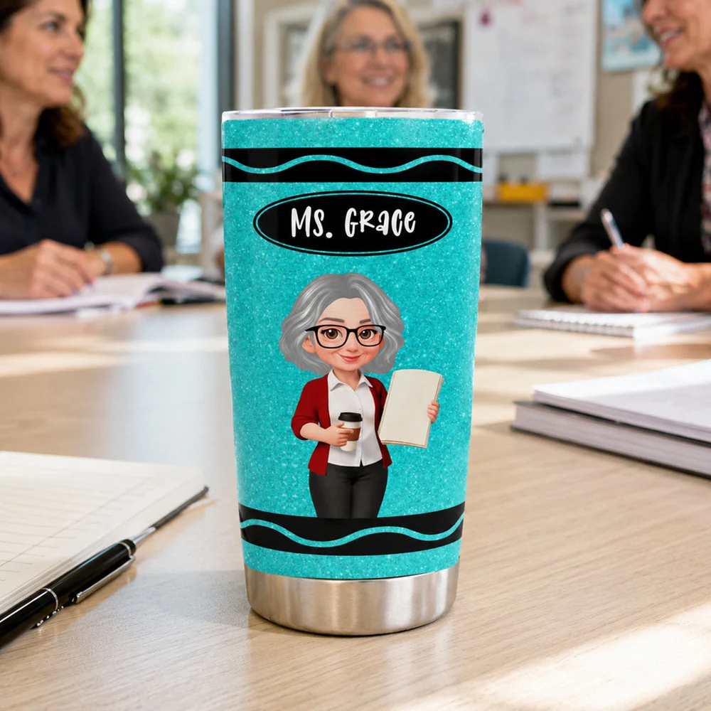 Personalized Insulated Travel Tumbler, Pink Crayon Cartoon Teacher Design, Unique Back To School Gift - Image 3