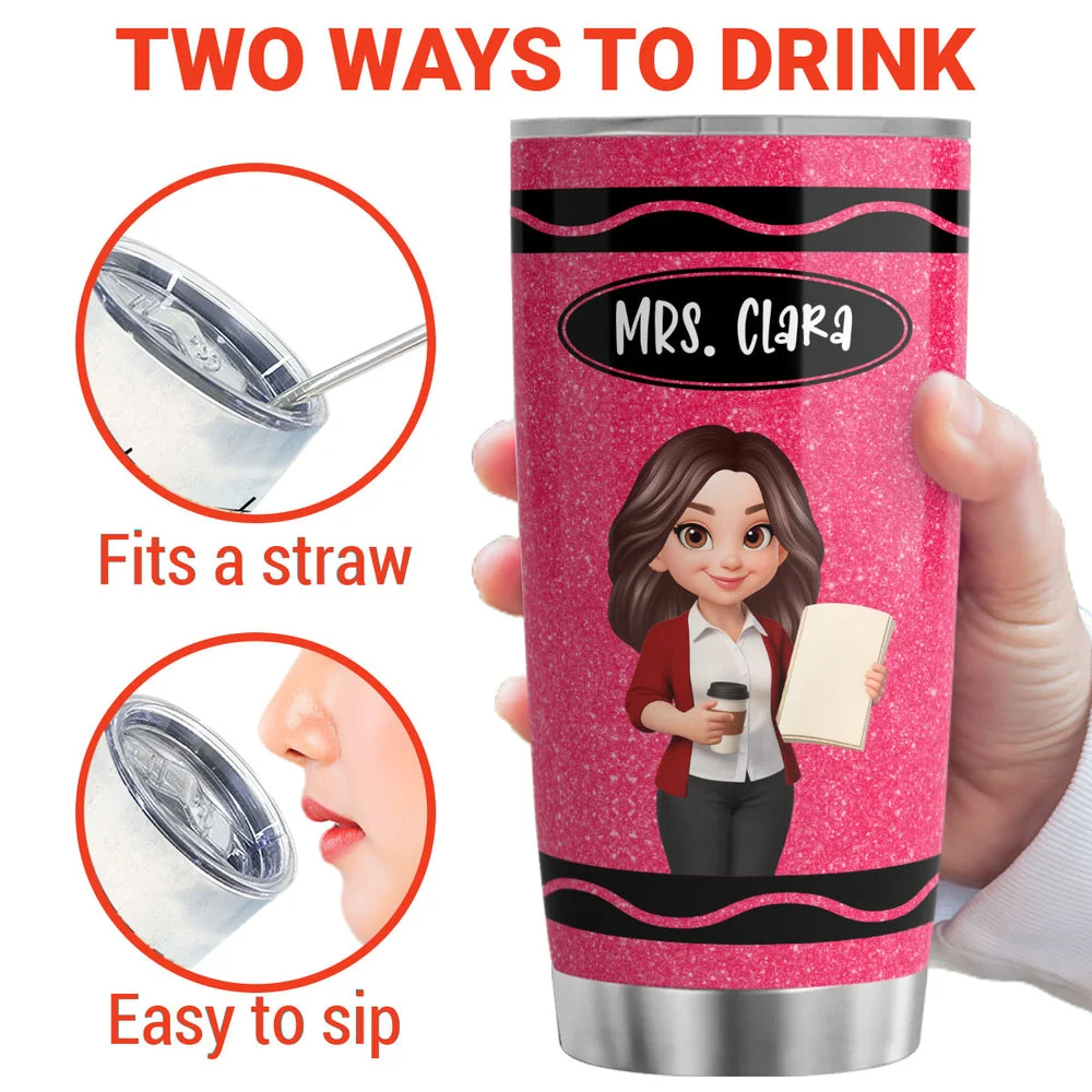 Personalized Insulated Travel Tumbler, Pink Crayon Cartoon Teacher Design, Unique Back To School Gift - Image 4