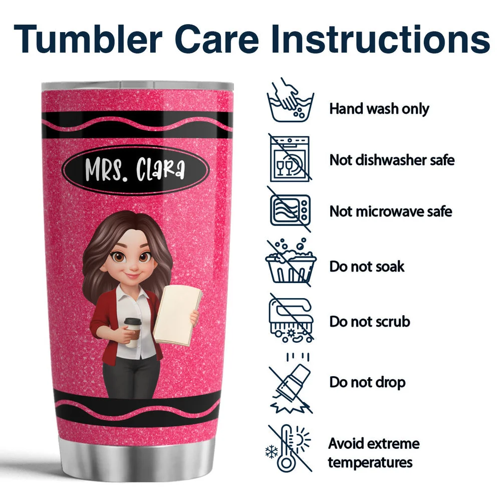 Personalized Insulated Travel Tumbler, Pink Crayon Cartoon Teacher Design, Unique Back To School Gift - Image 5