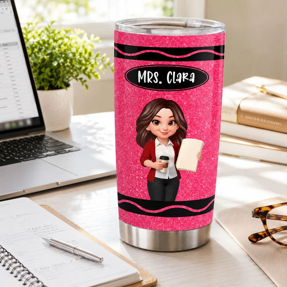 Personalized Insulated Travel Tumbler, Pink Crayon Cartoon Teacher Design, Unique Back To School Gift - Image 6