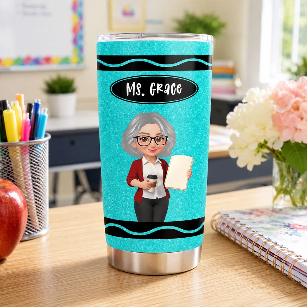Personalized Insulated Travel Tumbler, Pink Crayon Cartoon Teacher Design, Unique Back To School Gift - Image 7