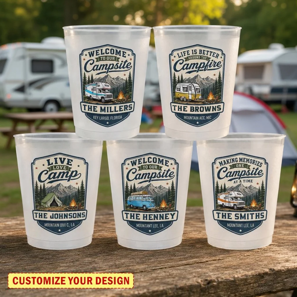 Personalized Frosted Plastic Cup With Campsite Badge, Unique Camping Gift for Family Campfire Memories
