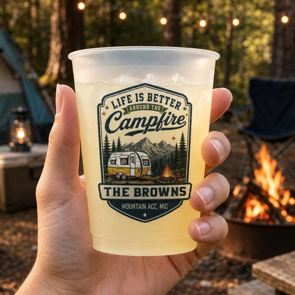 Personalized Frosted Plastic Cup With Campsite Badge, Unique Camping Gift for Family Campfire Memories - Image 2
