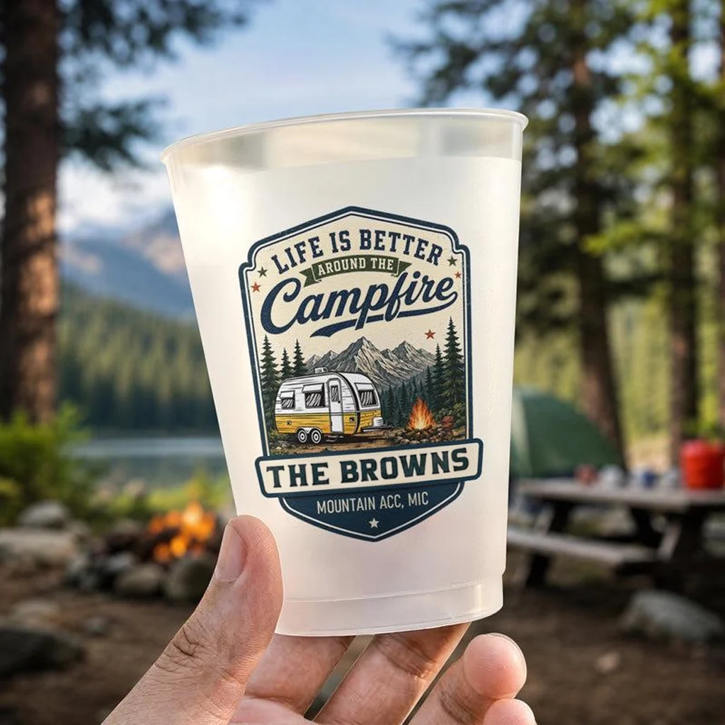 Personalized Frosted Plastic Cup With Campsite Badge, Unique Camping Gift for Family Campfire Memories - Image 3