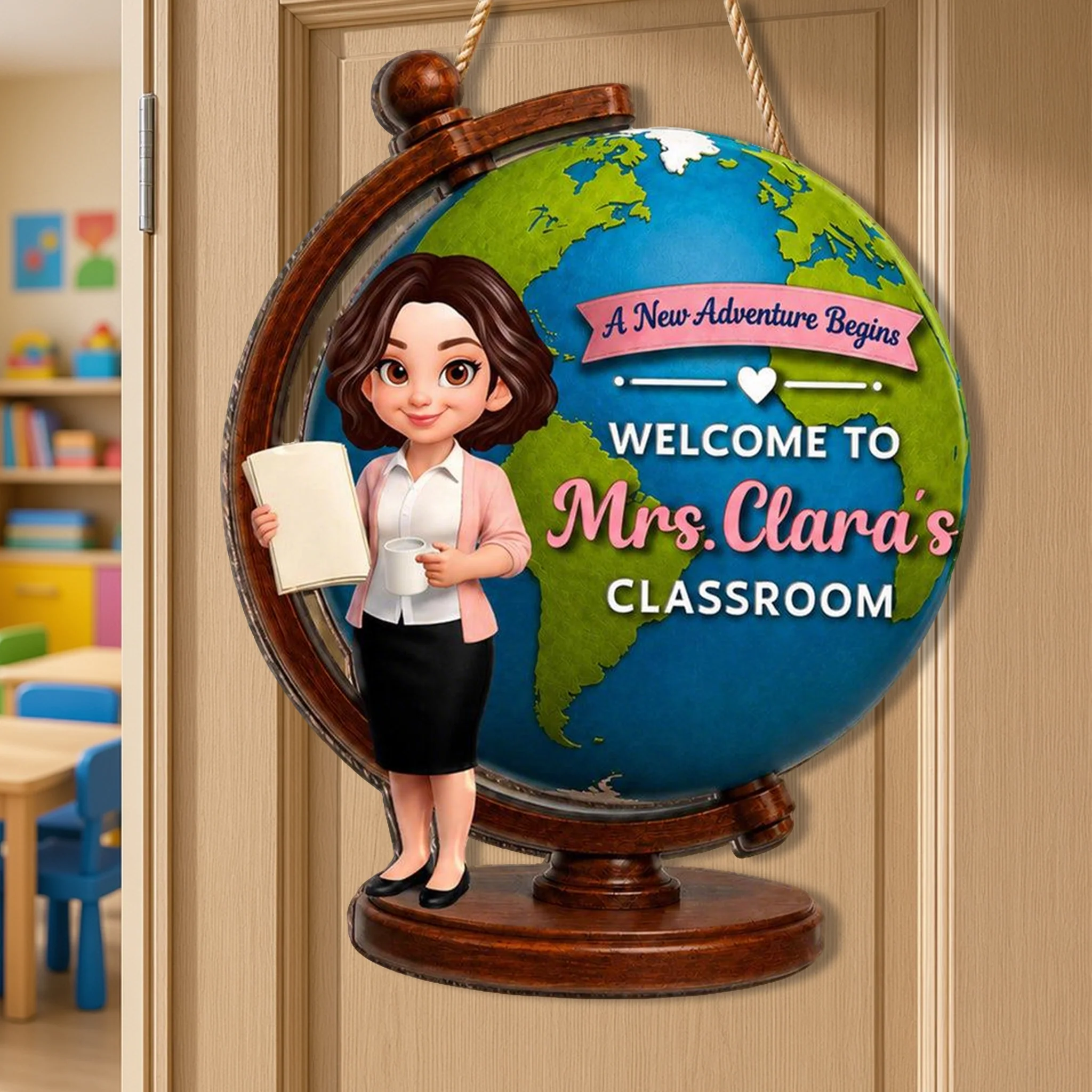 Wooden Sign with A New Adventure Begins Globe Art, Personalized Teacher Gift for Classroom Welcome