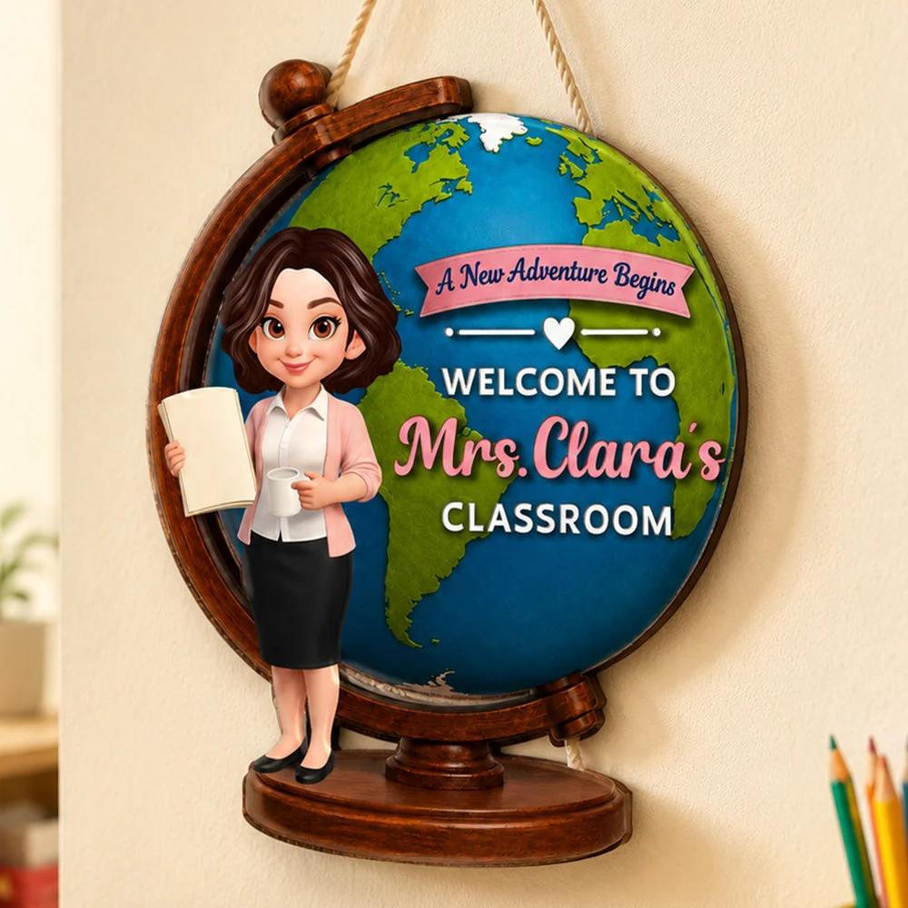 Wooden Sign with A New Adventure Begins Globe Art, Personalized Teacher Gift for Classroom Welcome - Image 2