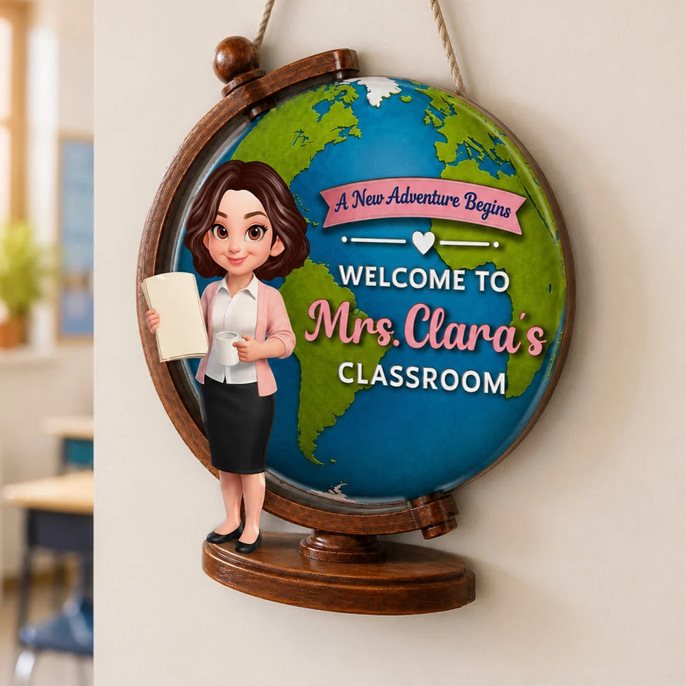 Wooden Sign with A New Adventure Begins Globe Art, Personalized Teacher Gift for Classroom Welcome - Image 3