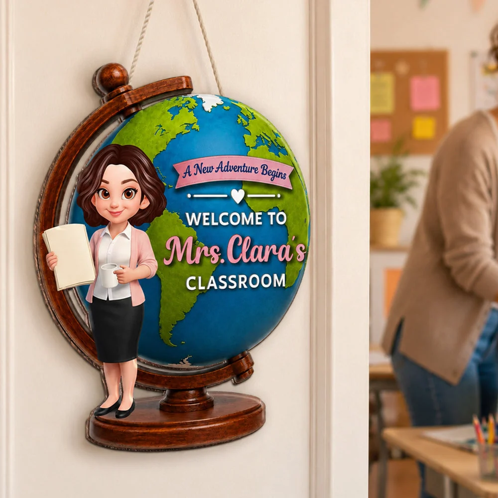 Wooden Sign with A New Adventure Begins Globe Art, Personalized Teacher Gift for Classroom Welcome - Image 4