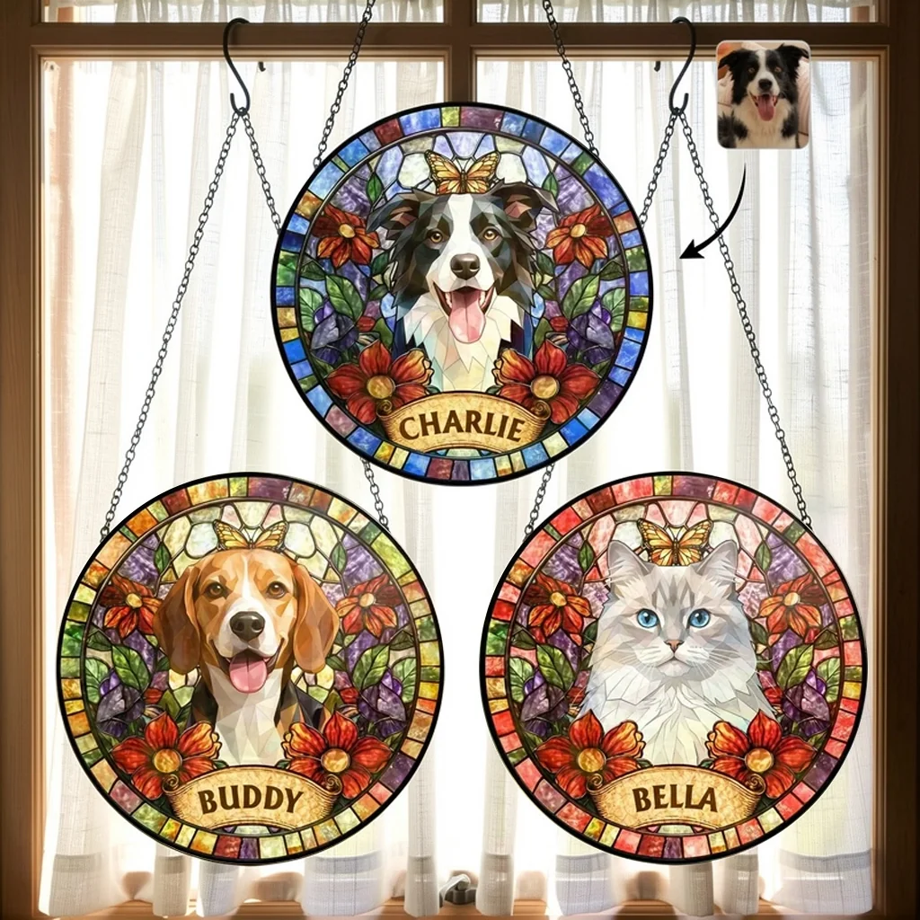Personalized Glass Suncatcher Ornament, Stained Glass Style Pet Portrait, Unique Gift for Pet Lovers