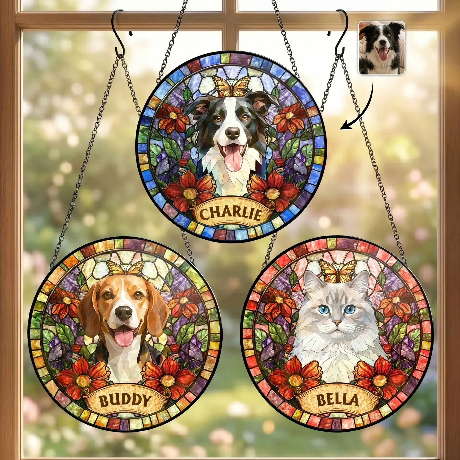 Personalized Glass Suncatcher Ornament, Stained Glass Style Pet Portrait, Unique Gift for Pet Lovers - Image 2