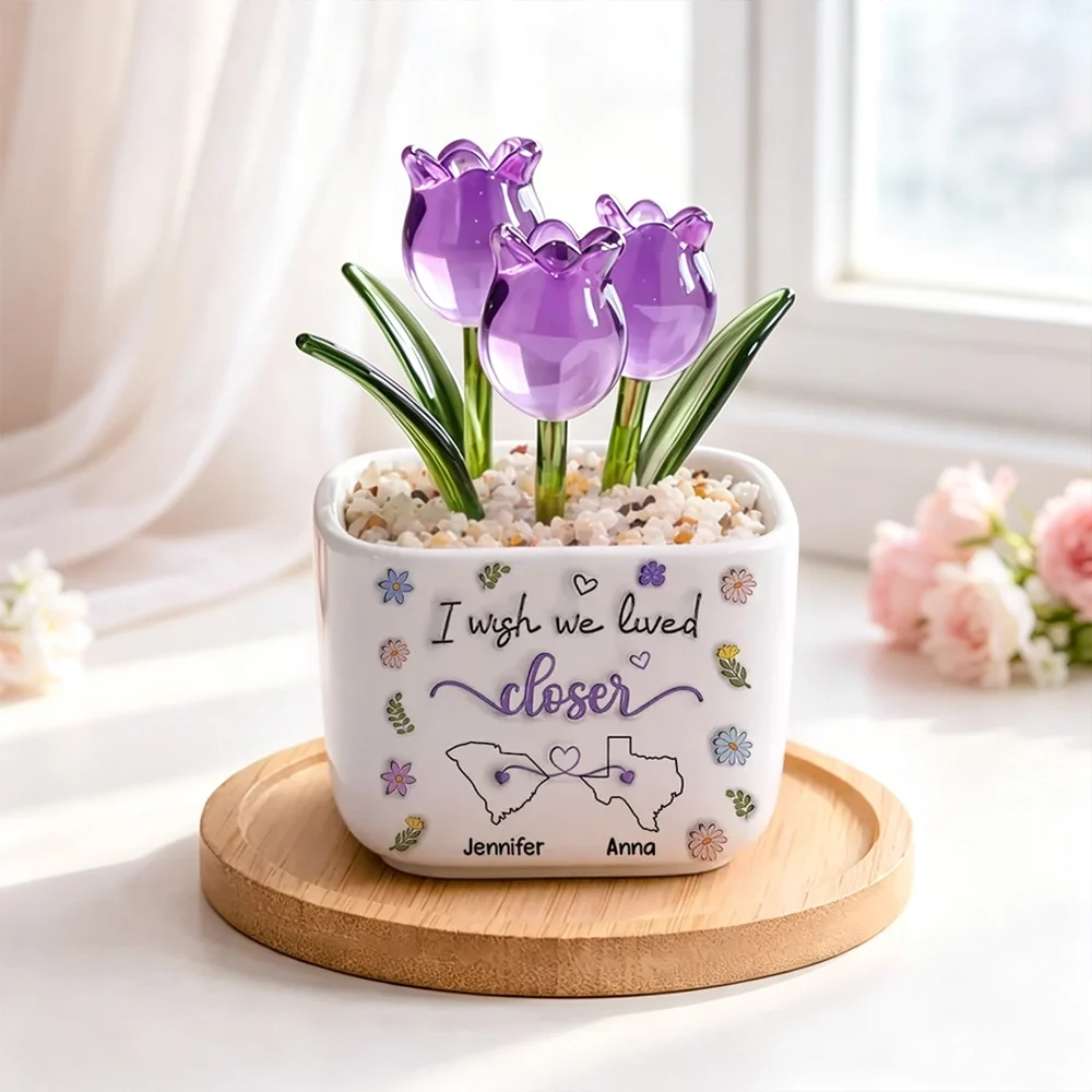 Personalized Square Glass Planter With Purple Tulips, I Wish We Lived Closer, Unique Friend Gift