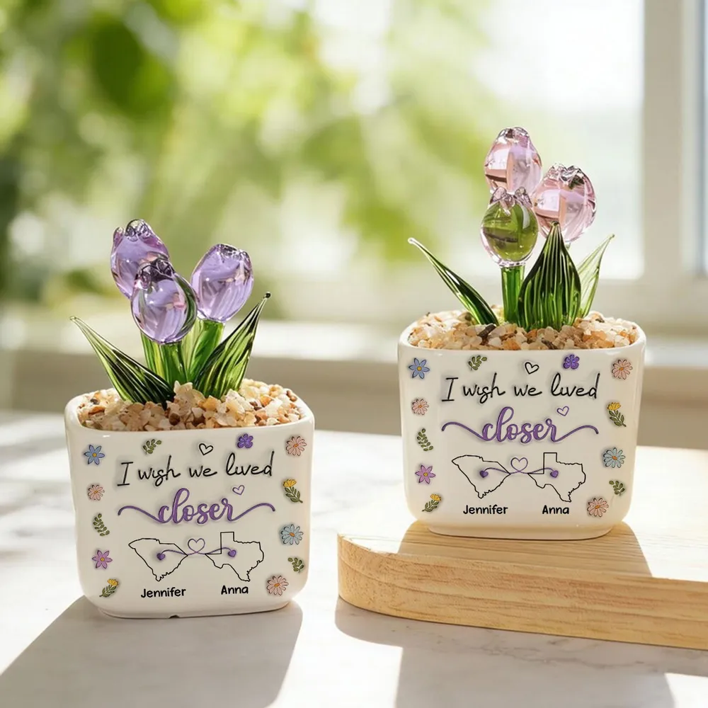 Personalized Square Glass Planter With Purple Tulips, I Wish We Lived Closer, Unique Friend Gift - Image 5