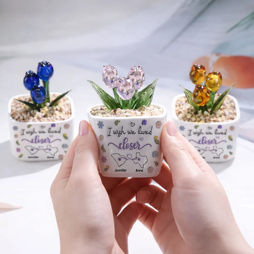 Personalized Square Glass Planter With Purple Tulips, I Wish We Lived Closer, Unique Friend Gift - Image 6