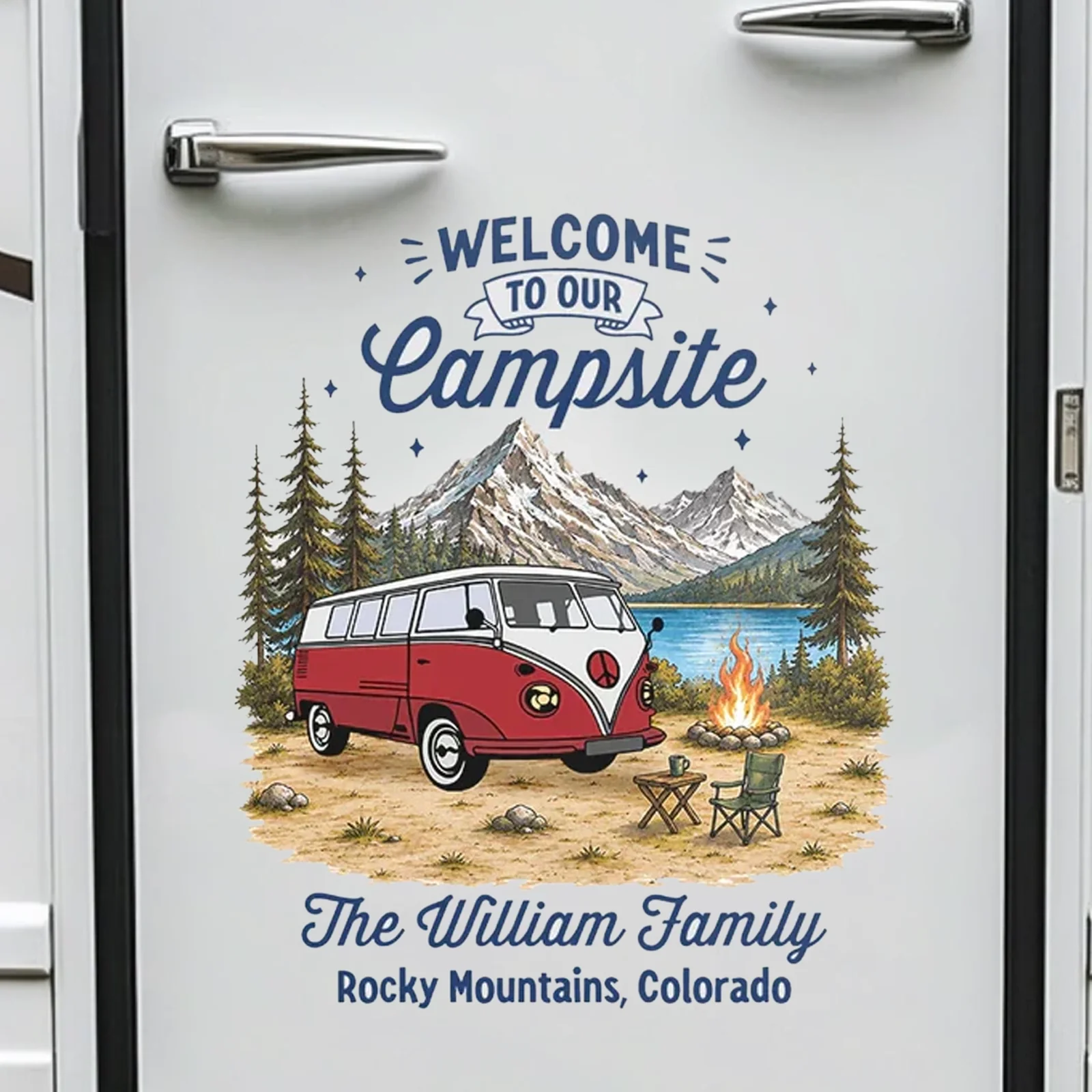 Personalized Sticker Decal, Welcome to Our Campsite Mountain Camper Scene, Unique Gift for Family