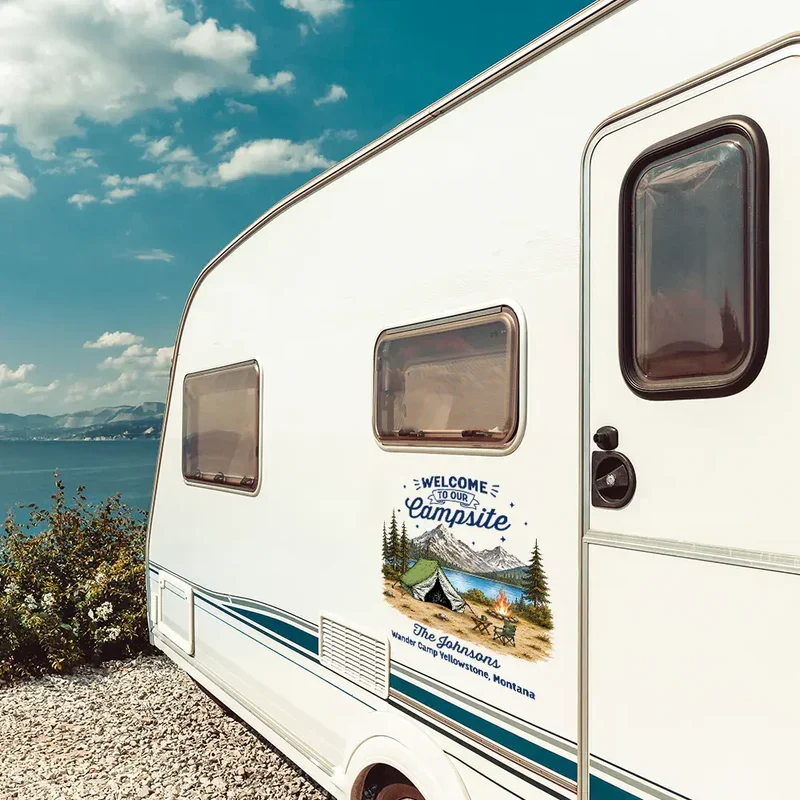Personalized Sticker Decal, Welcome to Our Campsite Mountain Camper Scene, Unique Gift for Family - Image 4