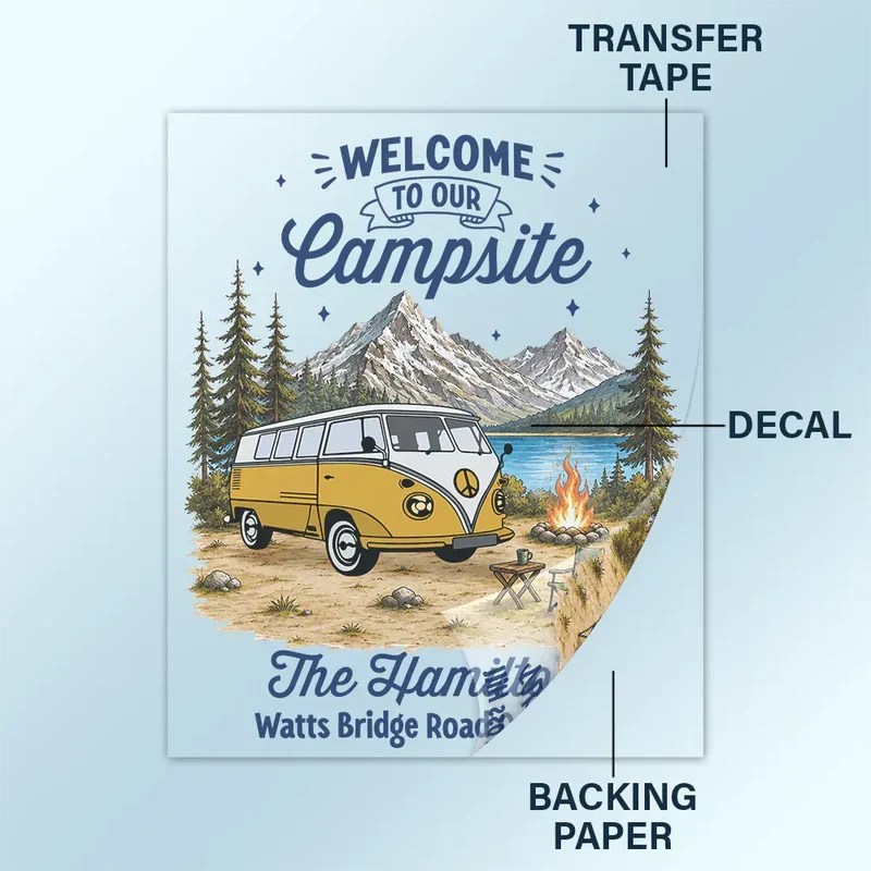 Personalized Sticker Decal, Welcome to Our Campsite Mountain Camper Scene, Unique Gift for Family - Image 5
