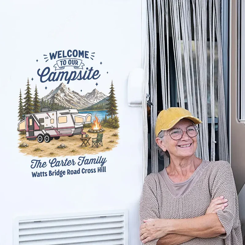 Personalized Sticker Decal, Welcome to Our Campsite Mountain Camper Scene, Unique Gift for Family - Image 6