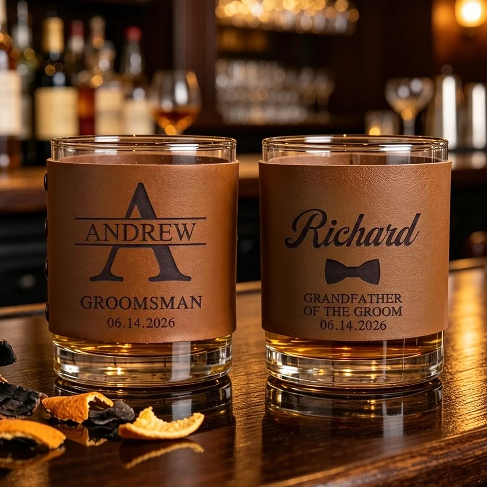 Personalized Leather Wrapped Whiskey Glass, Unique Wedding Party Gift for Groomsman, Warm Amber Bar Style