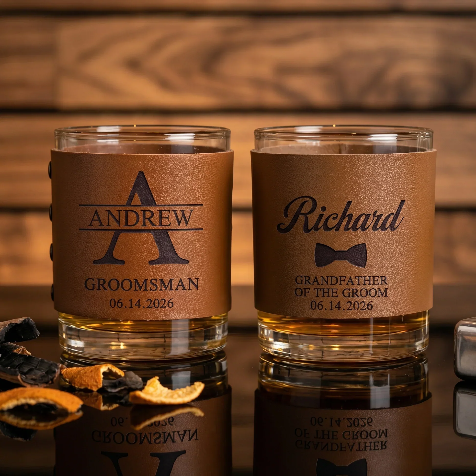 Personalized Leather Wrapped Whiskey Glass, Unique Wedding Party Gift for Groomsman, Warm Amber Bar Style - Image 2