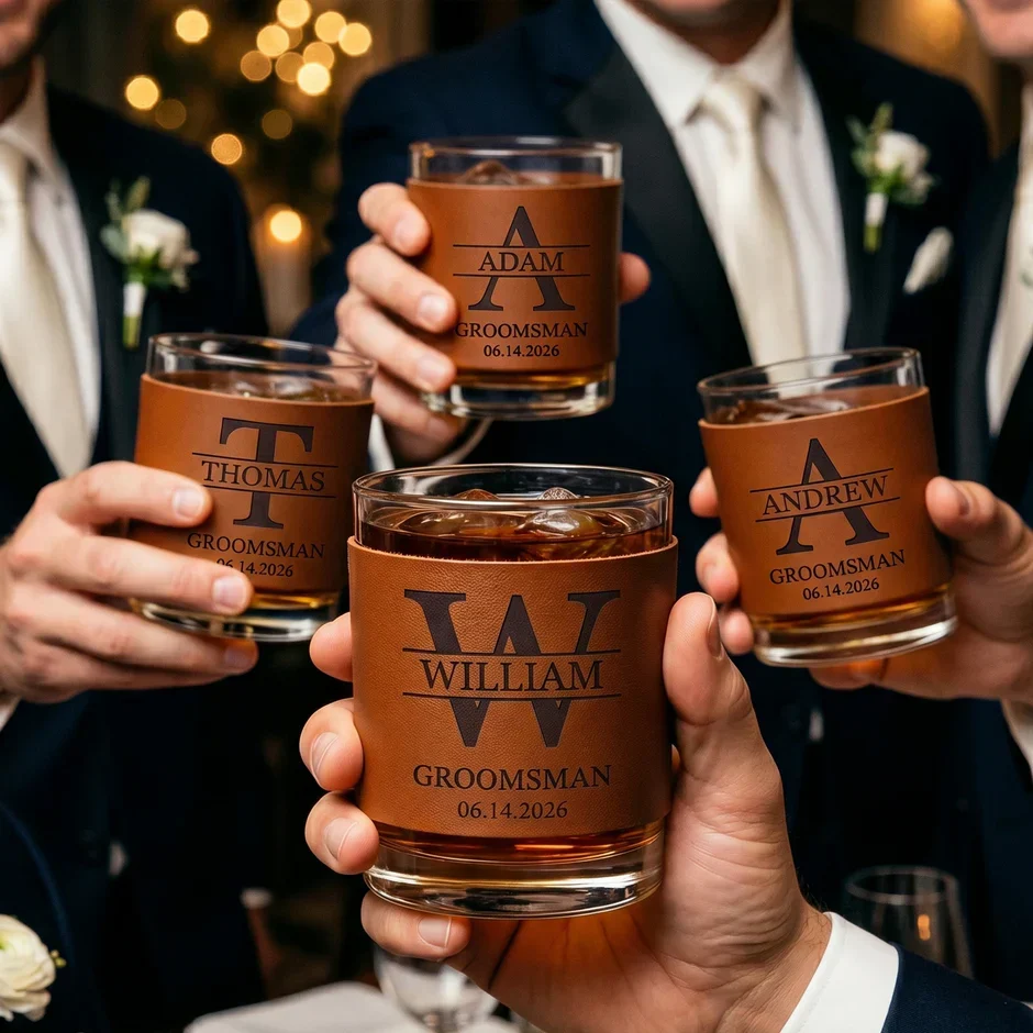 Personalized Leather Wrapped Whiskey Glass, Unique Wedding Party Gift for Groomsman, Warm Amber Bar Style - Image 3