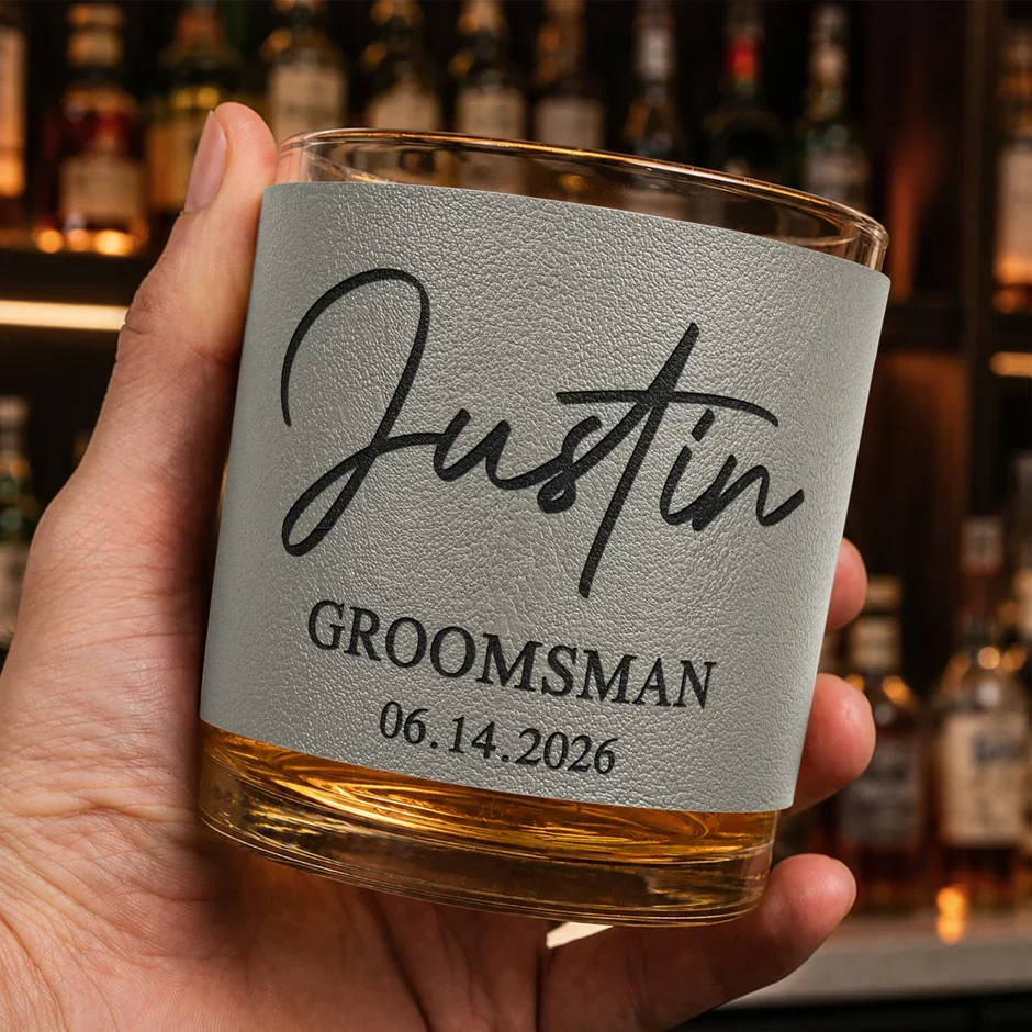 Personalized Leather Wrapped Whiskey Glass, Unique Wedding Party Gift for Groomsman, Warm Amber Bar Style - Image 4