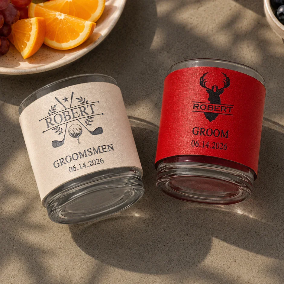 Personalized Leather Wrapped Whiskey Glass, Unique Wedding Party Gift for Groomsman, Warm Amber Bar Style - Image 5
