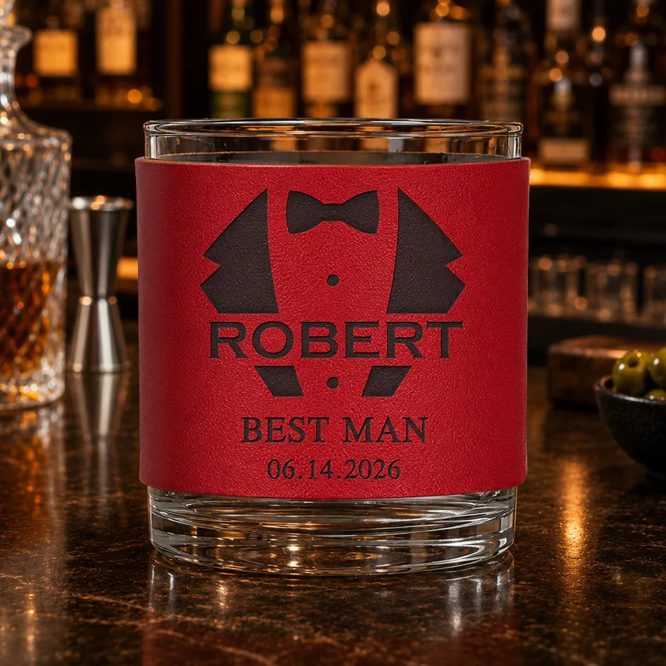 Personalized Leather Wrapped Whiskey Glass, Unique Wedding Party Gift for Groomsman, Warm Amber Bar Style - Image 6