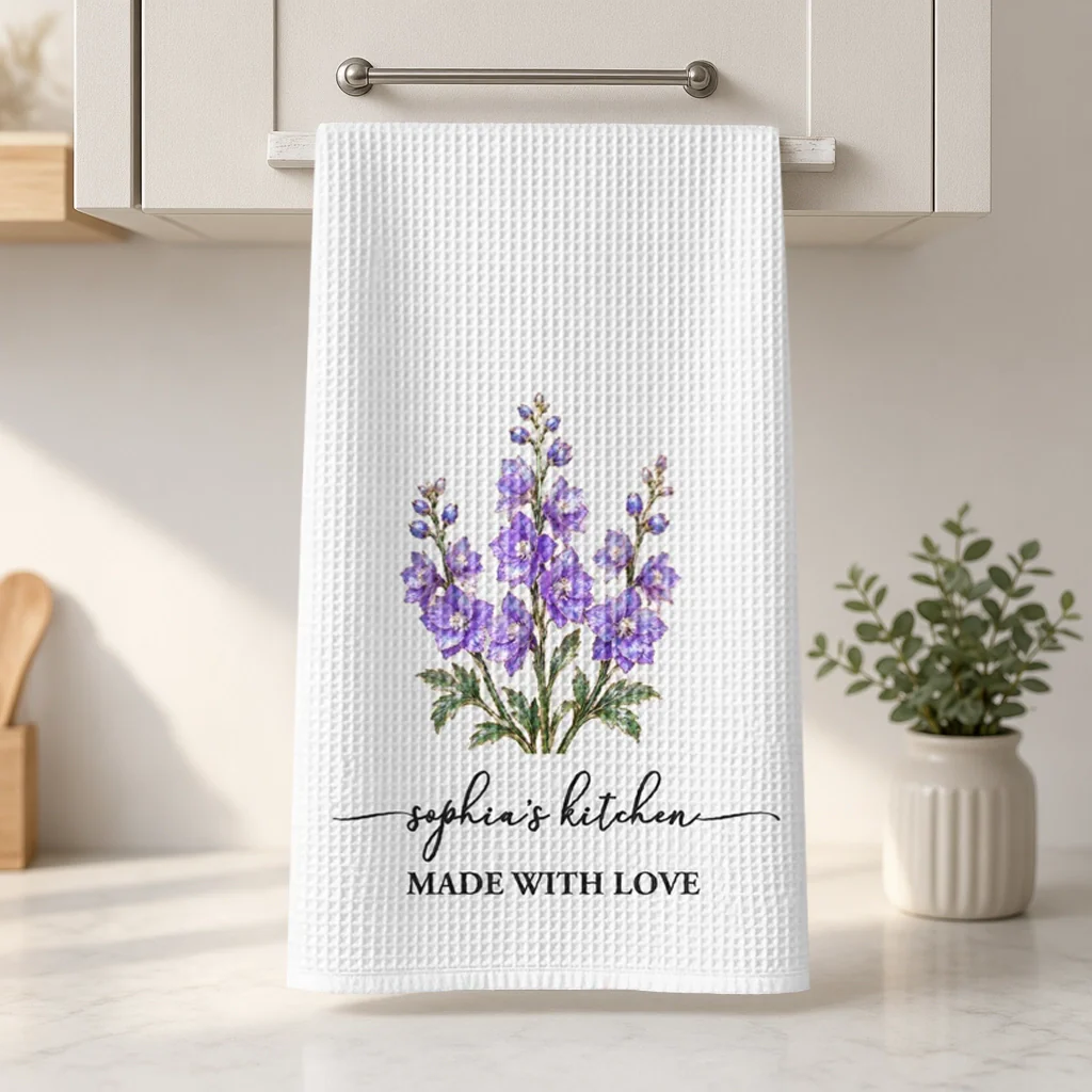 Personalized Purple Birth Flower Kitchen Towel, Made With Love Unique Gift For Her