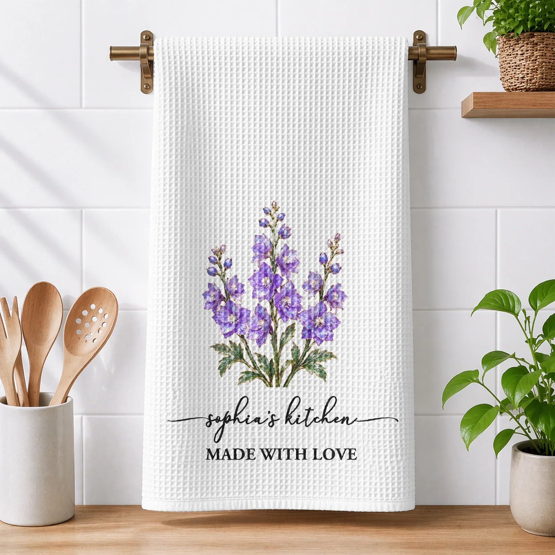Personalized Purple Birth Flower Kitchen Towel, Made With Love Unique Gift For Her - Image 2