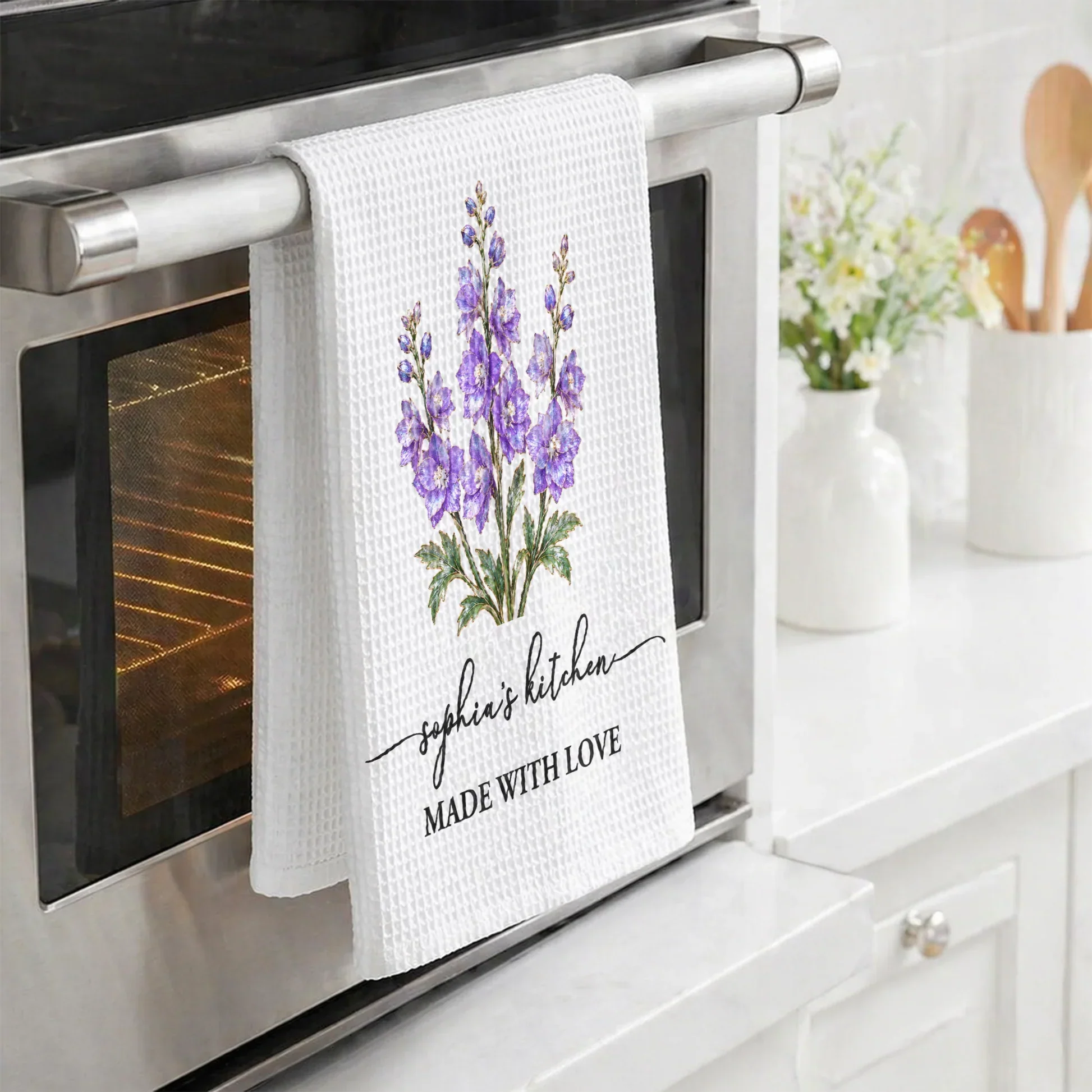 Personalized Purple Birth Flower Kitchen Towel, Made With Love Unique Gift For Her - Image 7